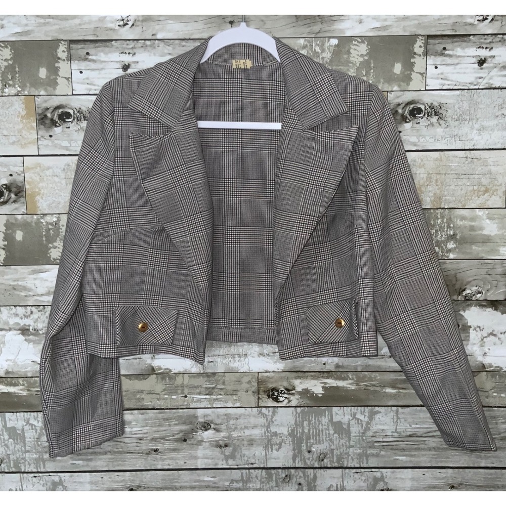 Vintage Womens Cropped Plaid Dress Jacket White Black‎ Brown